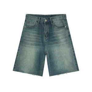 American Style Men's Denim Shorts Casual Worn-out Straight Male Trousers Wide Leg Loose Bottom Trend Summer 9C6318