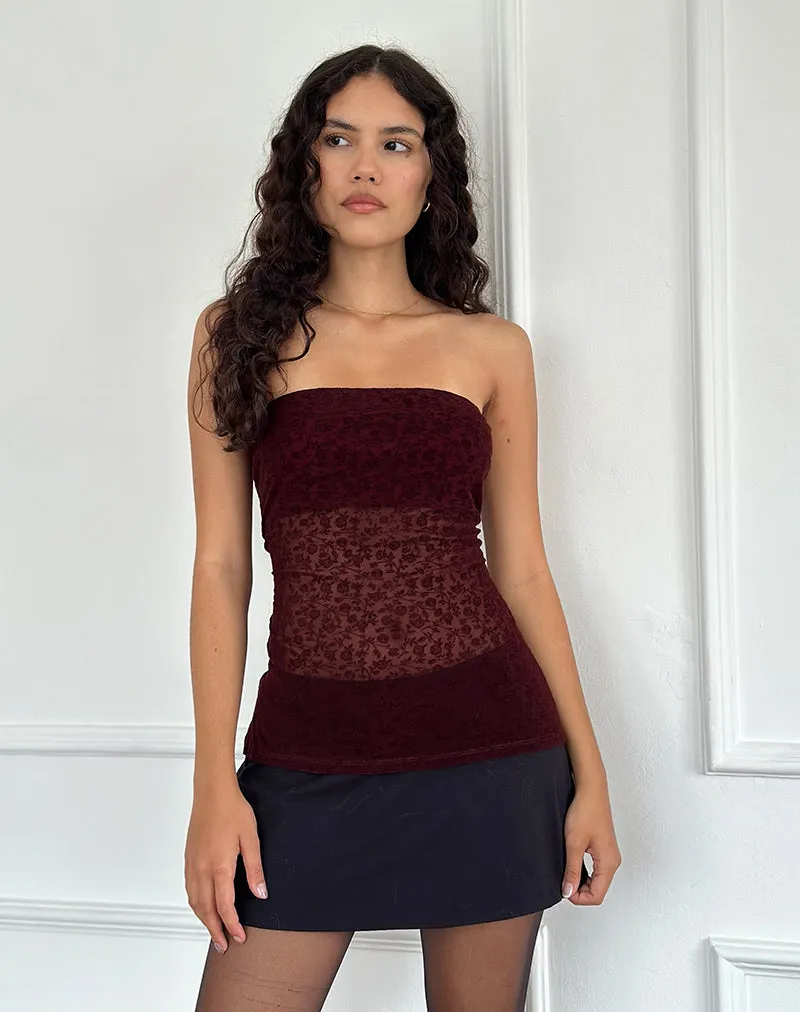 Bilancia Maroon Bandeau Top with Ditsy Flock Design