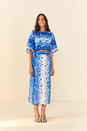 Blue Flower Stripes Midi Skirt