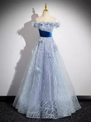 Blue Off-the-shoulder Sparkly Tulle Long Prom Dress Beautiful Flower Princess Dresses TKL2156