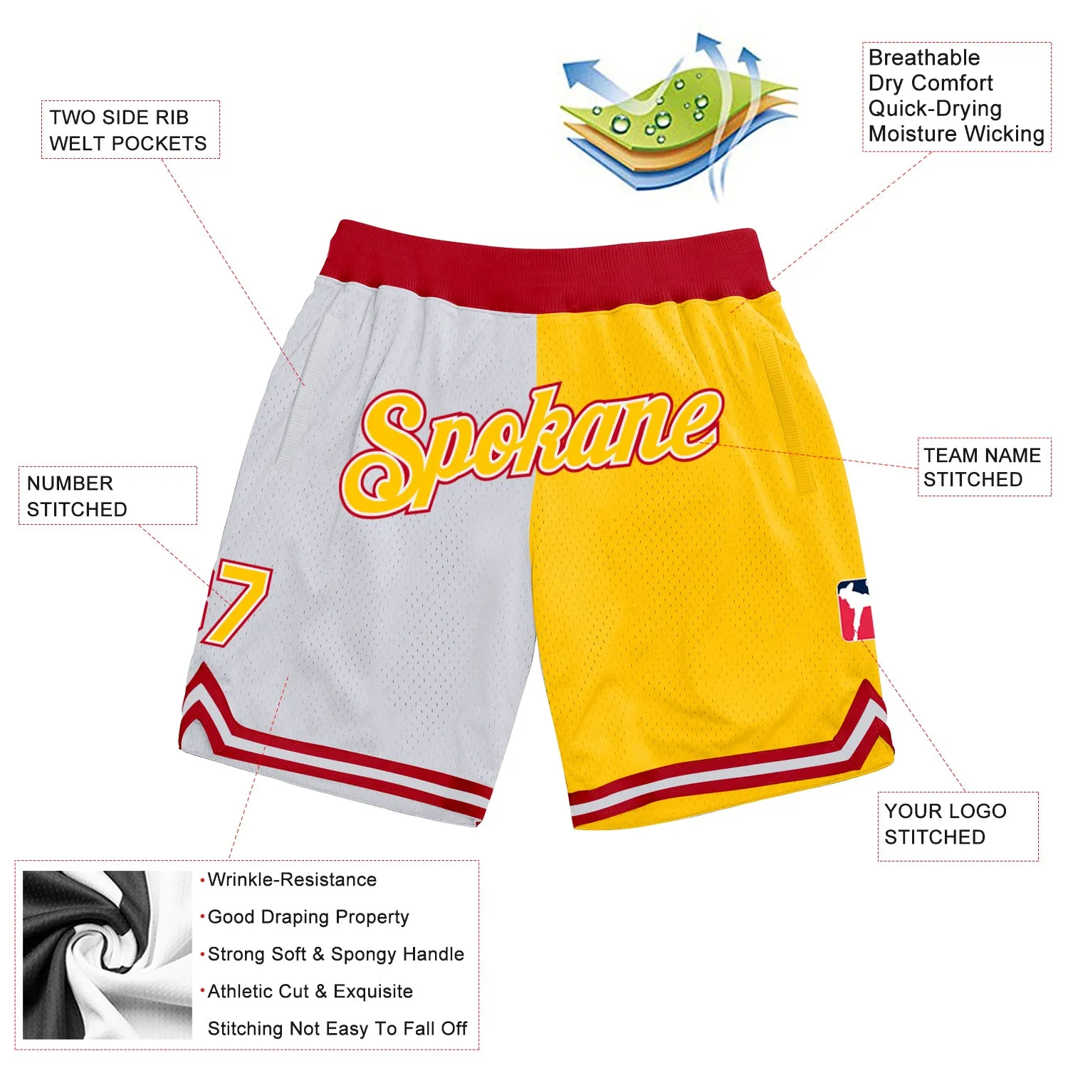 Custom White Gold-Red Authentic Throwback Split Fashion Basketball Shorts