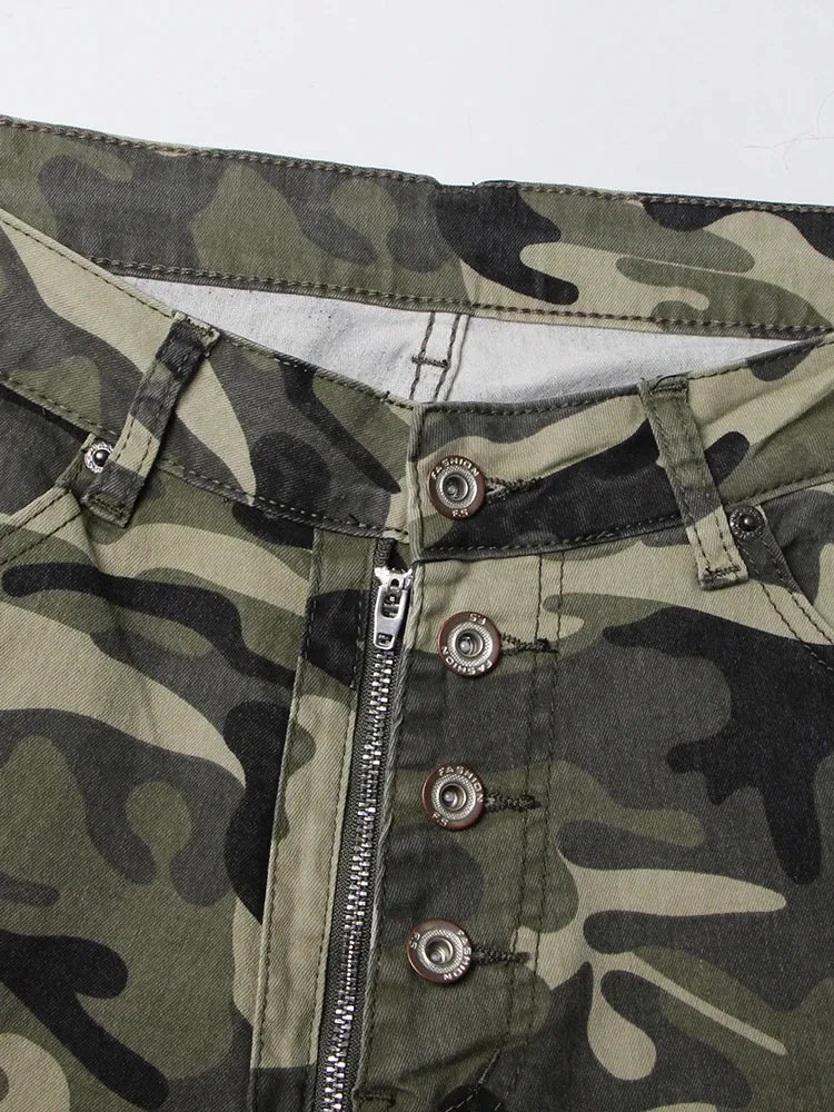 Denim Camouflage Shorts For Women High Waist Patchwork Button Pockets Skinny Folds Short Trousers Female Clothing