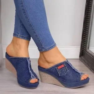 Denim high heels wedge sandals