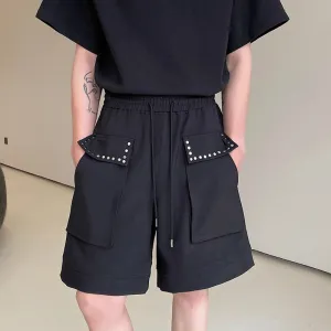 Elastic Waist Wide Leg Shorts Summer New Loose Male Straight Leg Pants Solid Color Pocket Lace-up Casual Trend 9C5354