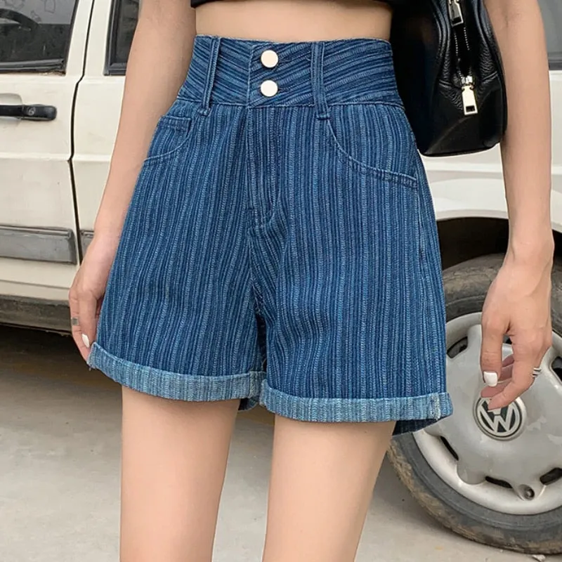 Fashion Striped Denim Shorts Summer High Waist Loose  Wide Leg Short Jean Casual Blue Korean Fashion Pocket Girls Jean