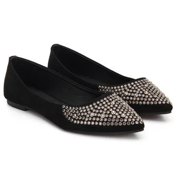 Fathion Black Diamond-studded Suede Flat Shoes