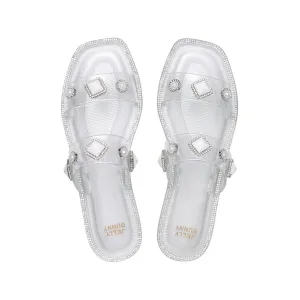 Helen Crystal Flat Sandals White