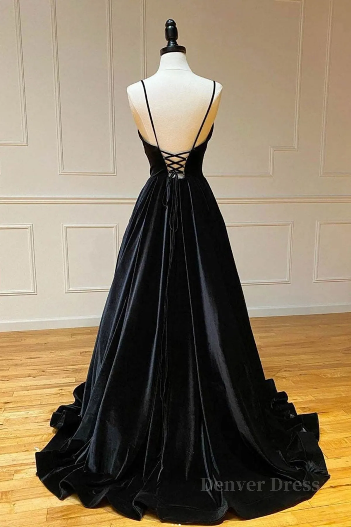 kamahe A Line V Neck Backless Black Velvet Long Prom Dresses, V Neck Black Formal Dresses, Black Velvet Evening Dresses