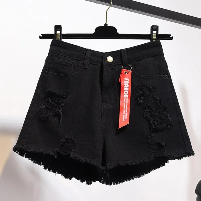 Large Size Ripped Denim Women Shorts Summer Tassel High Waist Black Distressed Jeans Korean Fashion Pure Cotton Street Wear