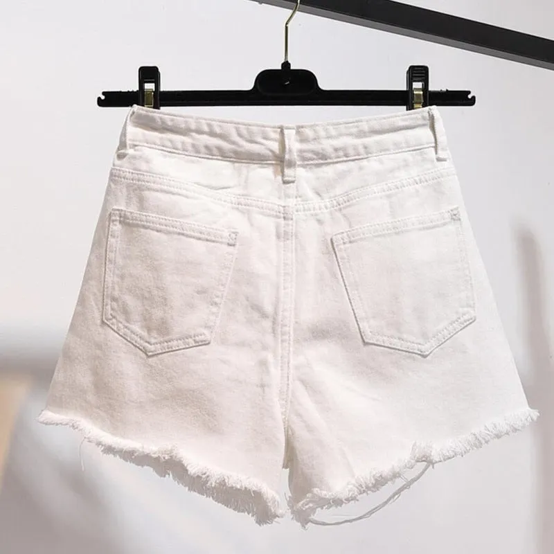 Large Size Ripped Denim Women Shorts Summer Tassel High Waist Black Distressed Jeans Korean Fashion Pure Cotton Street Wear