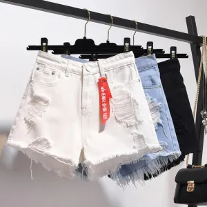 Large Size Ripped Denim Women Shorts Summer Tassel High Waist Black Distressed Jeans Korean Fashion Pure Cotton Street Wear