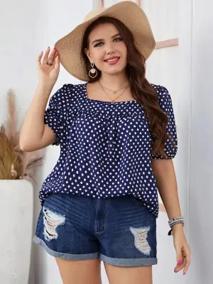 Large size women’s chiffon short woven round neck plaid temperament commuter polka dot shirt