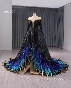 luxury Bateau Sequins Wedding Dresses With Feather Colorful Formal  Gown 241060