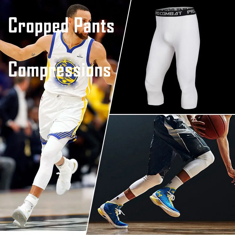 Men's Sports 3/4 Cropped Pants Gym Running Leggings Male Joggings Elastic Compressions Sweatpant Football Basketball Trousers