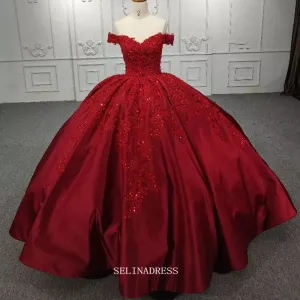 Off Shoulder Red Ball Gown Prom Dress Beaded Pageant Dress DY1106