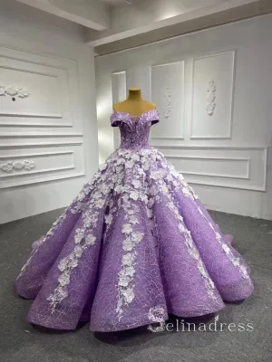 Off-the Shoulder 3D Floral Long Prom Dress luxurious Ball Gown Lilac Evening Dress RSM6601