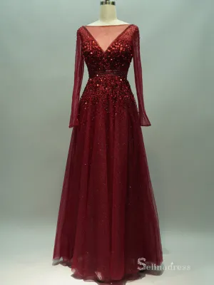 Selinadress Burgundy Sequins Lace Prom Dress Formal Evening Gowns SC061