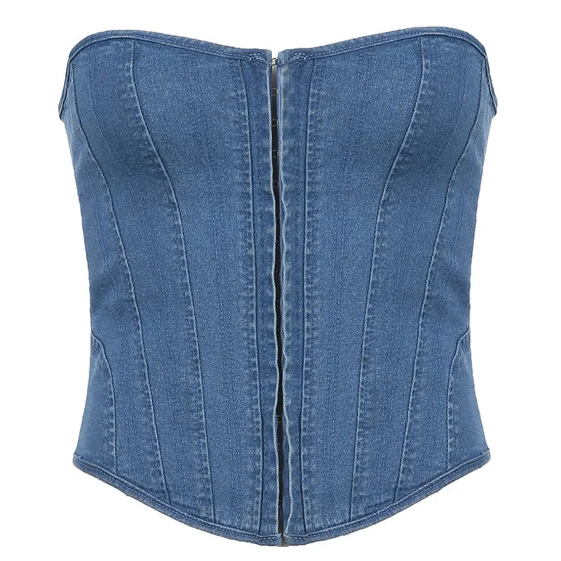 Sexy Sweetheart Neck Hook and Eye Lace Up Back Denim Tube Top - Blue