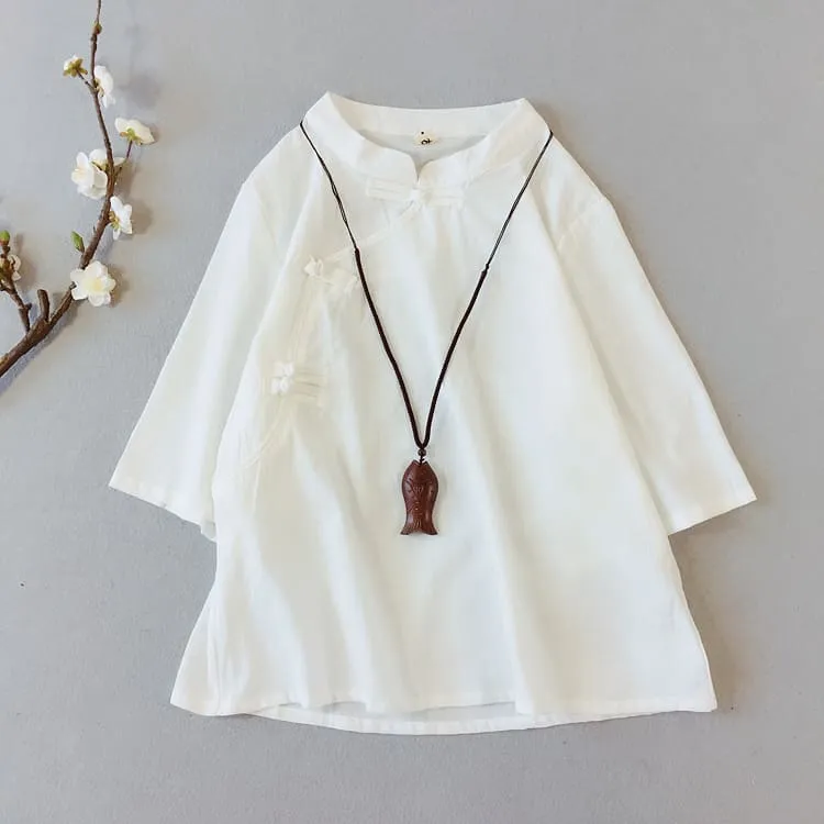 Solid Qipao Blouse with Short Sleeves