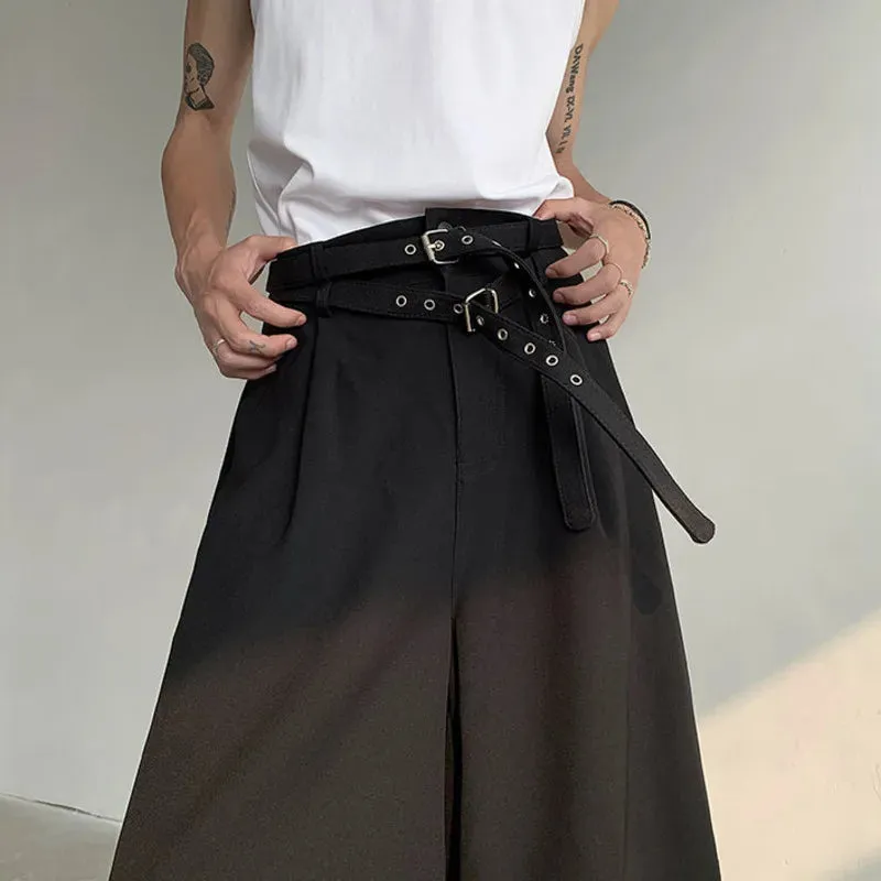 Summer Men's Five-point Shorts Casual Straight Double Belt Design High-waisted Black Male Clothing Wide Leg 9C5517