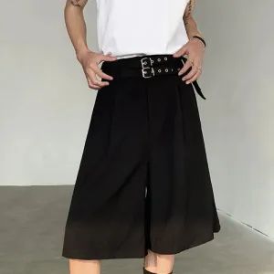 Summer Men's Five-point Shorts Casual Straight Double Belt Design High-waisted Black Male Clothing Wide Leg 9C5517