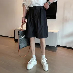 Trendy Men's Shorts Lace-up Solid Color Male Bottoms Pocket 2024 Summer Loose Temperament Knee-length  9C6440